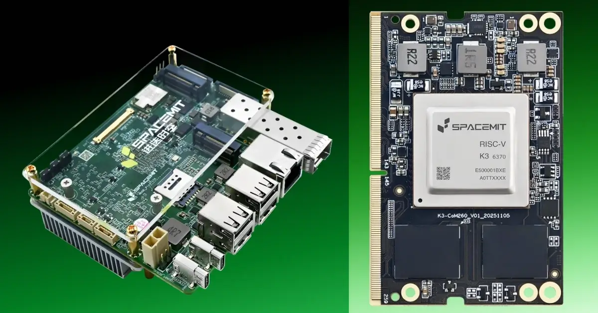The SpacemiT K3 pico-ITX board and the K3 CoM260 board side-by-side (not to scale)