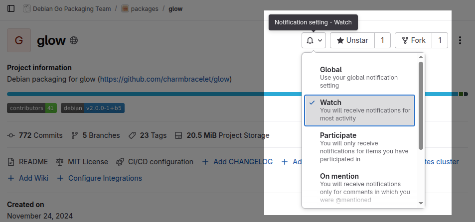 Change notification settings from Global to Watch to get an email on new Merge Requests