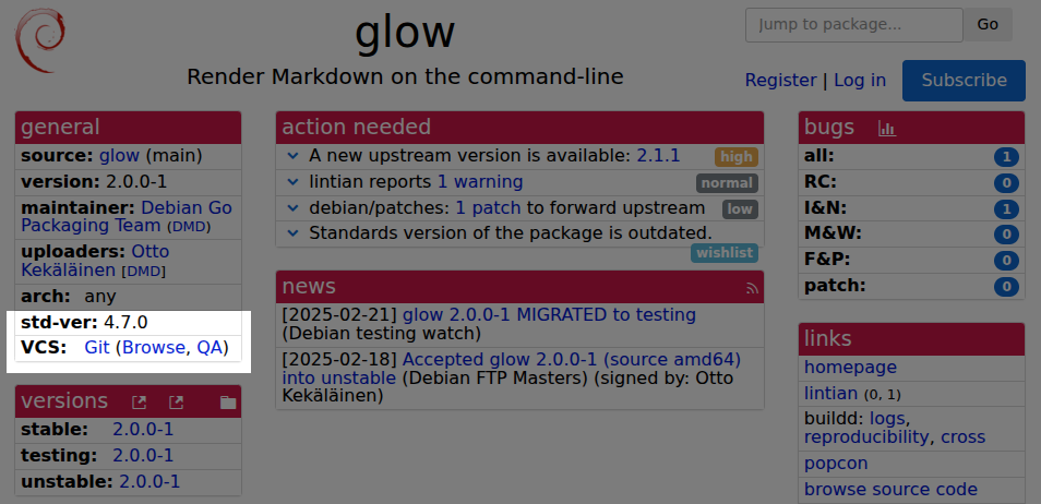 Packaging source code repository links at tracker.debian.org