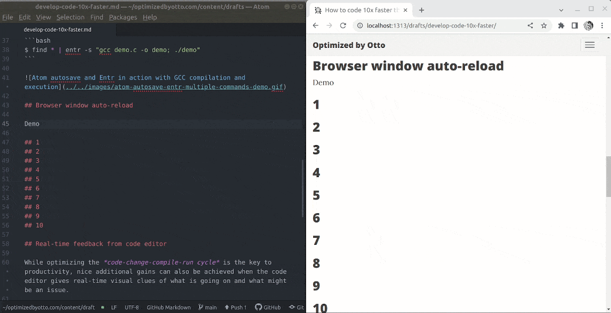 Atom/Pulsar autosave and Entr in action with GCC compilation and execution
