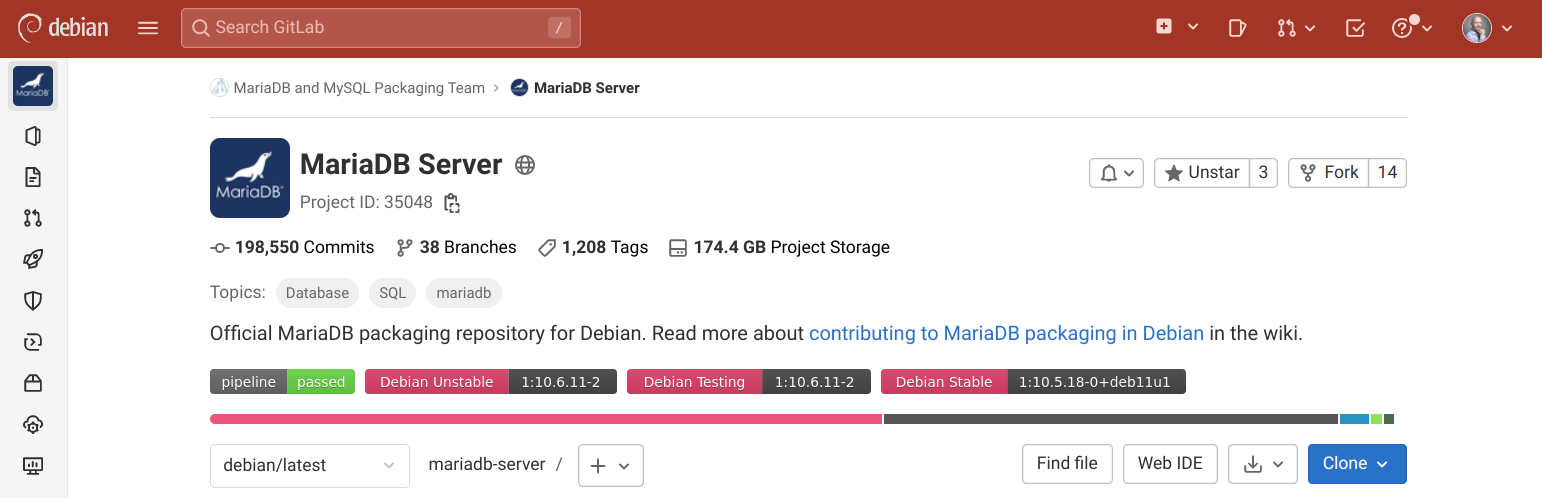 GitLab badges on the Salsa-CI MariaDB project page