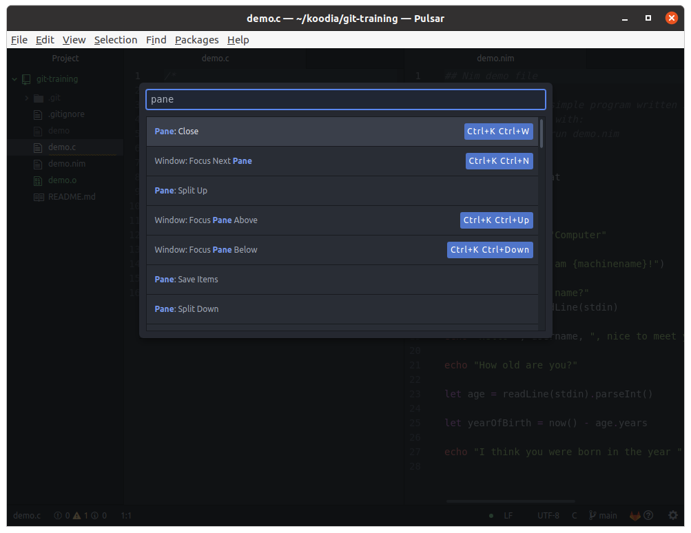 Open the command palette in Pulsar by pressing Ctrl+Shift+P