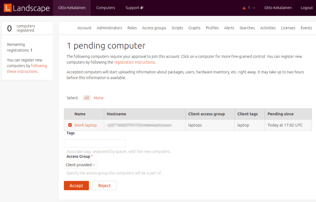 Landscape portal page showing pending computer registration