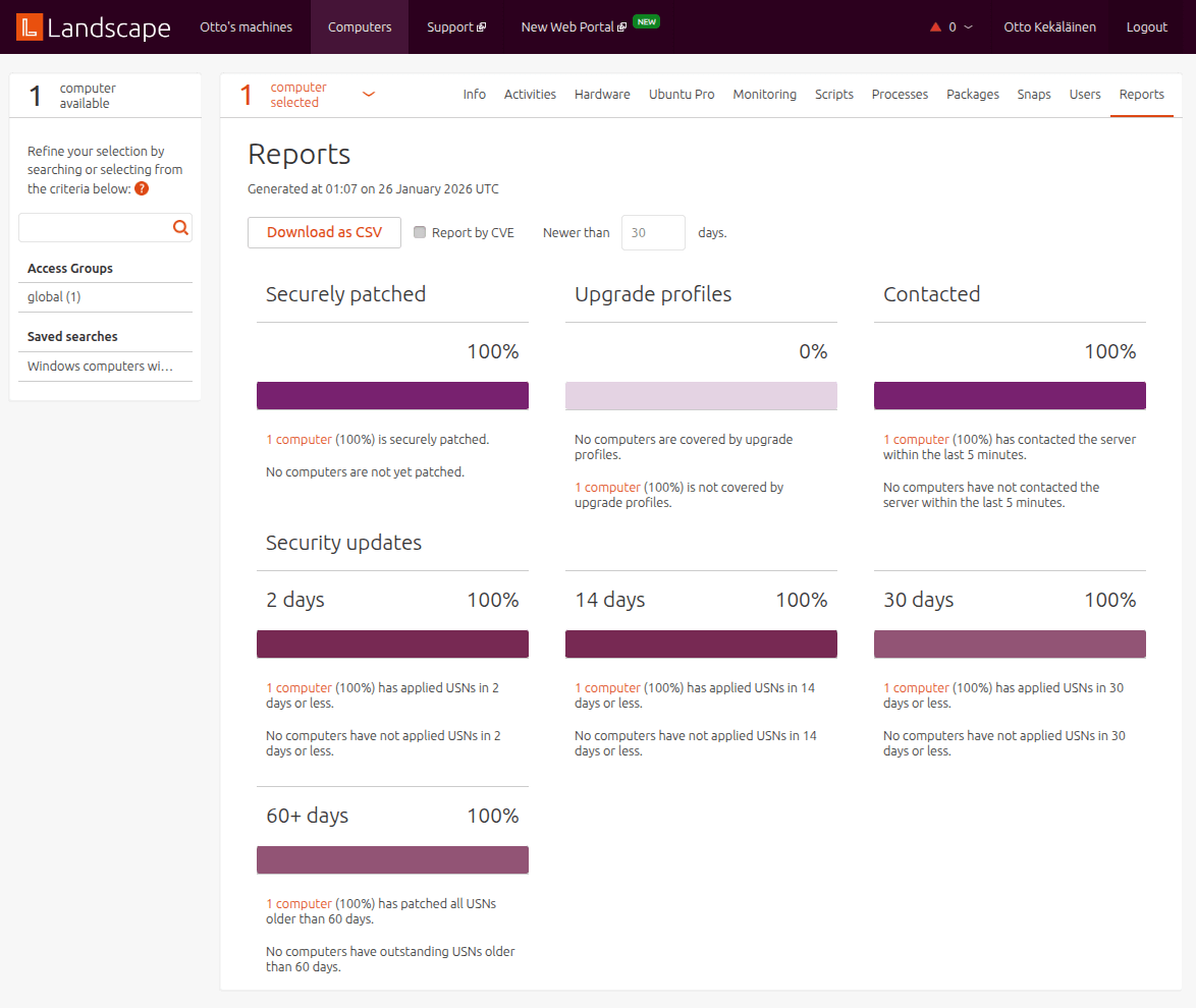 Landscape portal reports showing security update status and resource utilization