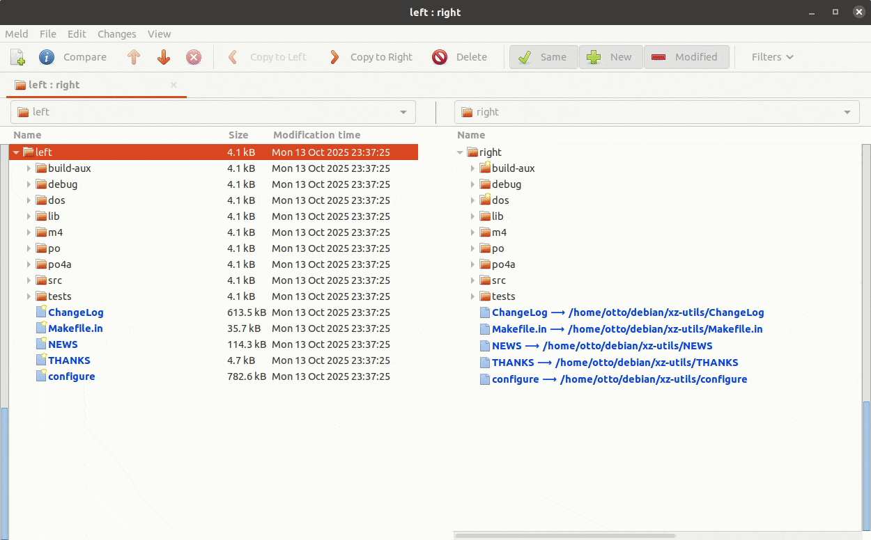Meld invoked by git difftool --dir-diff afba662b..fa1e8796 to show differences between to upstream release tarball contents