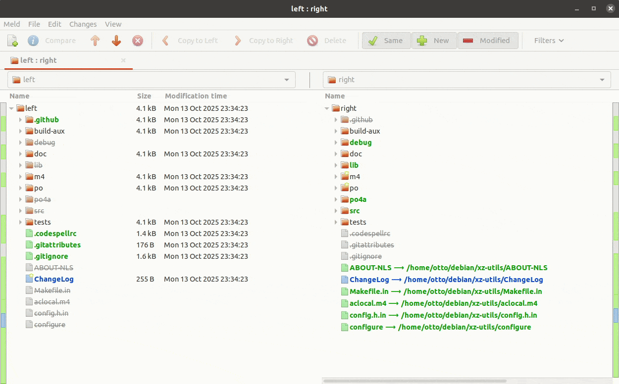 Meld invoked by git difftool --dir-diff afba662b..fa1e8796 to show differences between git release tag and release tarball contents