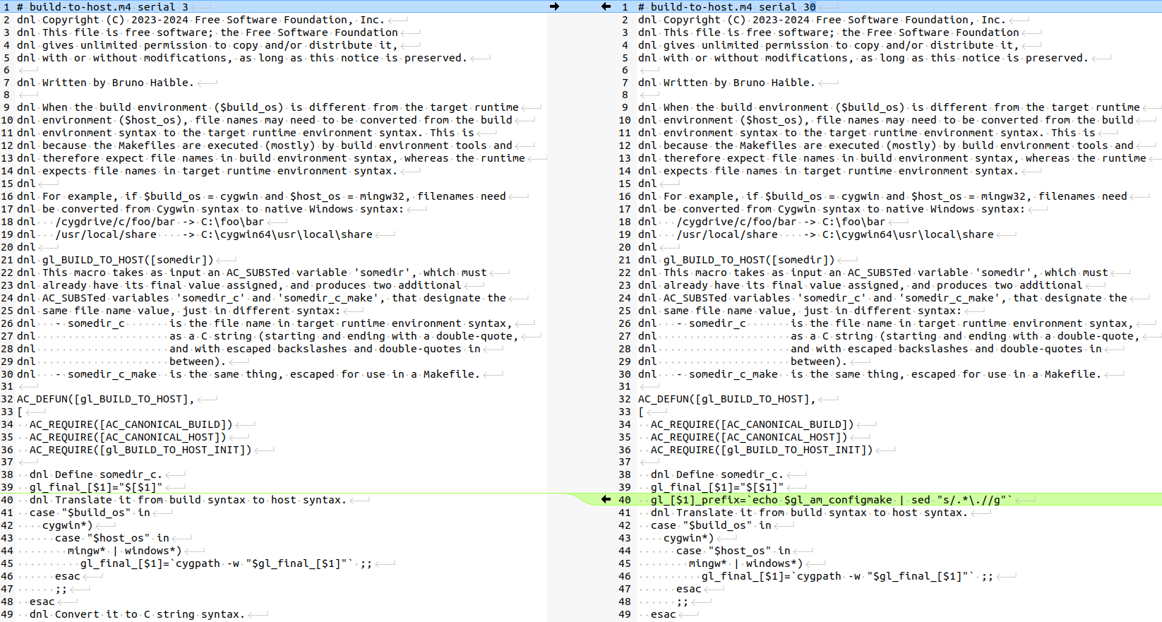 Inspecting the m4/build-to-host.m4 changes in Meld launched via git difftool